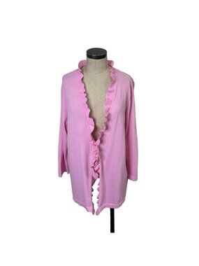 Lands End Ruffle Cardigan Sweater 1X Pink